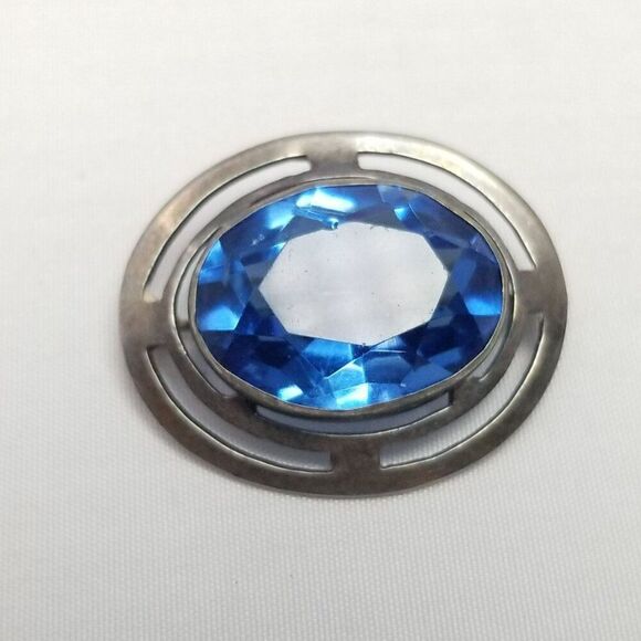 Vintage Art Nouveau Style Sterling Silver Blue Oval Rhinestone 1 Inch Brooch - Picture 7 of 7